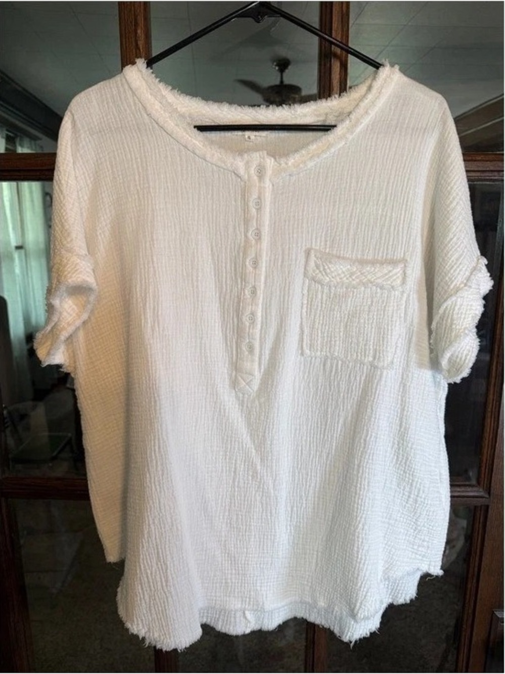 LA MIEL White Textured Short Sleeve Henley Top with Pocket